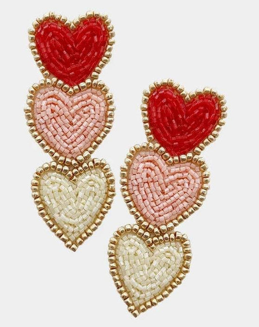 Valentine's Day Triple Hearts Seed Bead Dangle Earrings Red/Light Pink/White