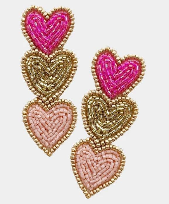 Valentine's Day Triple Hearts Seed Bead Dangle Earrings: Hot Pink/Gold/Light Pink