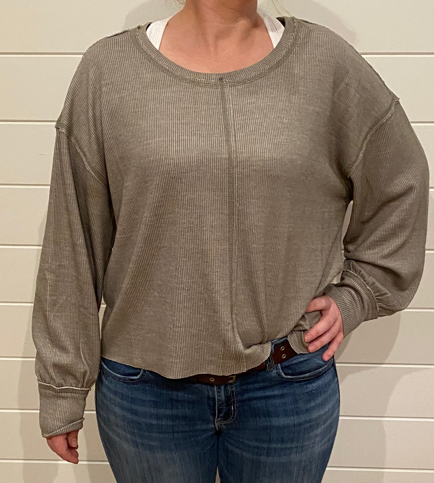 Ribbed Drop Sleeve Knit Top, Light Olive