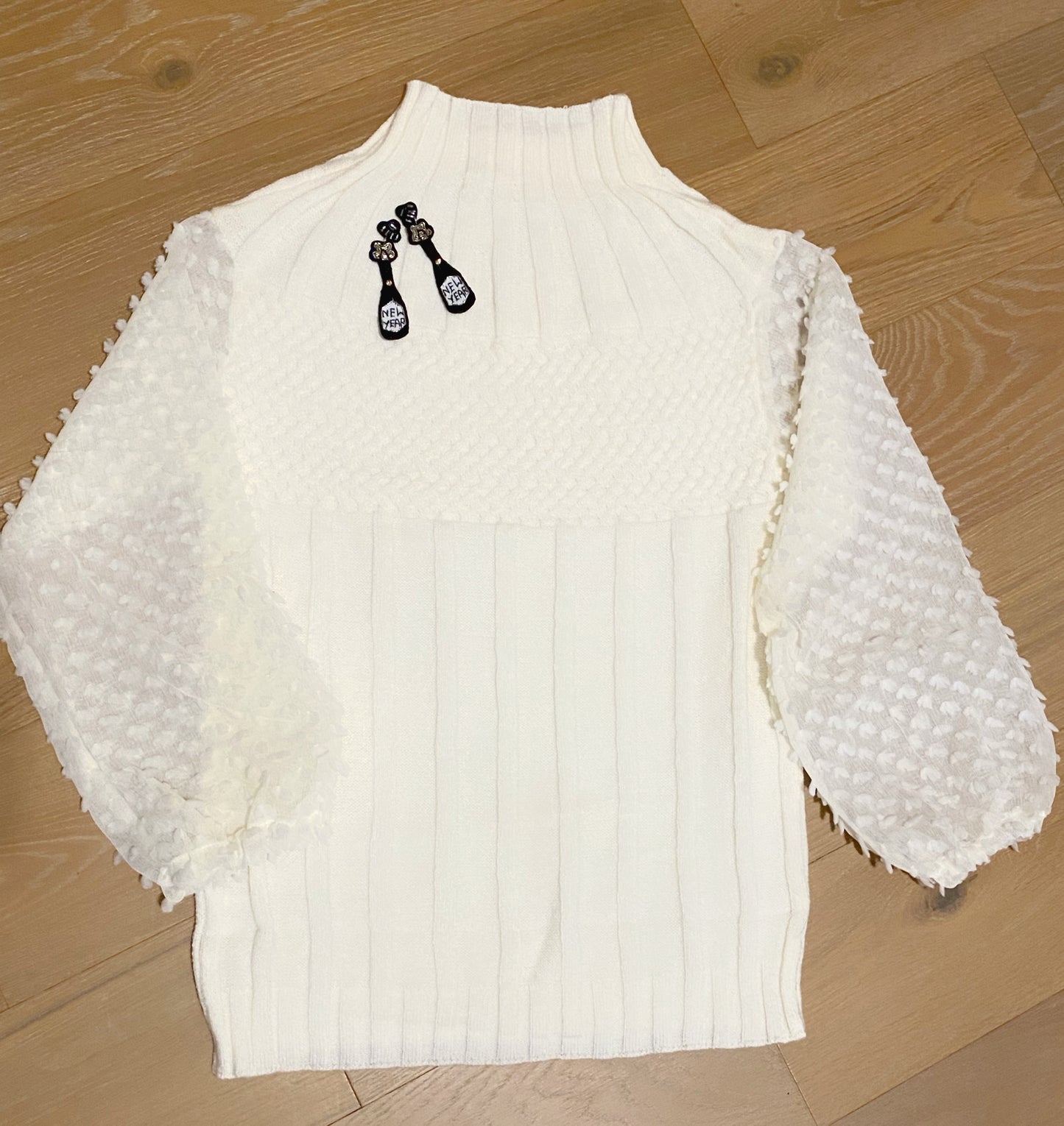 Textured Balloon Sleeve Mock Neck Sweater Top- IVORY
