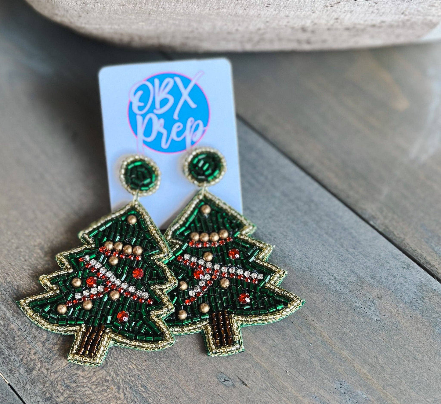 Red & Gold Seed Beaded Christmas Tree Earrings