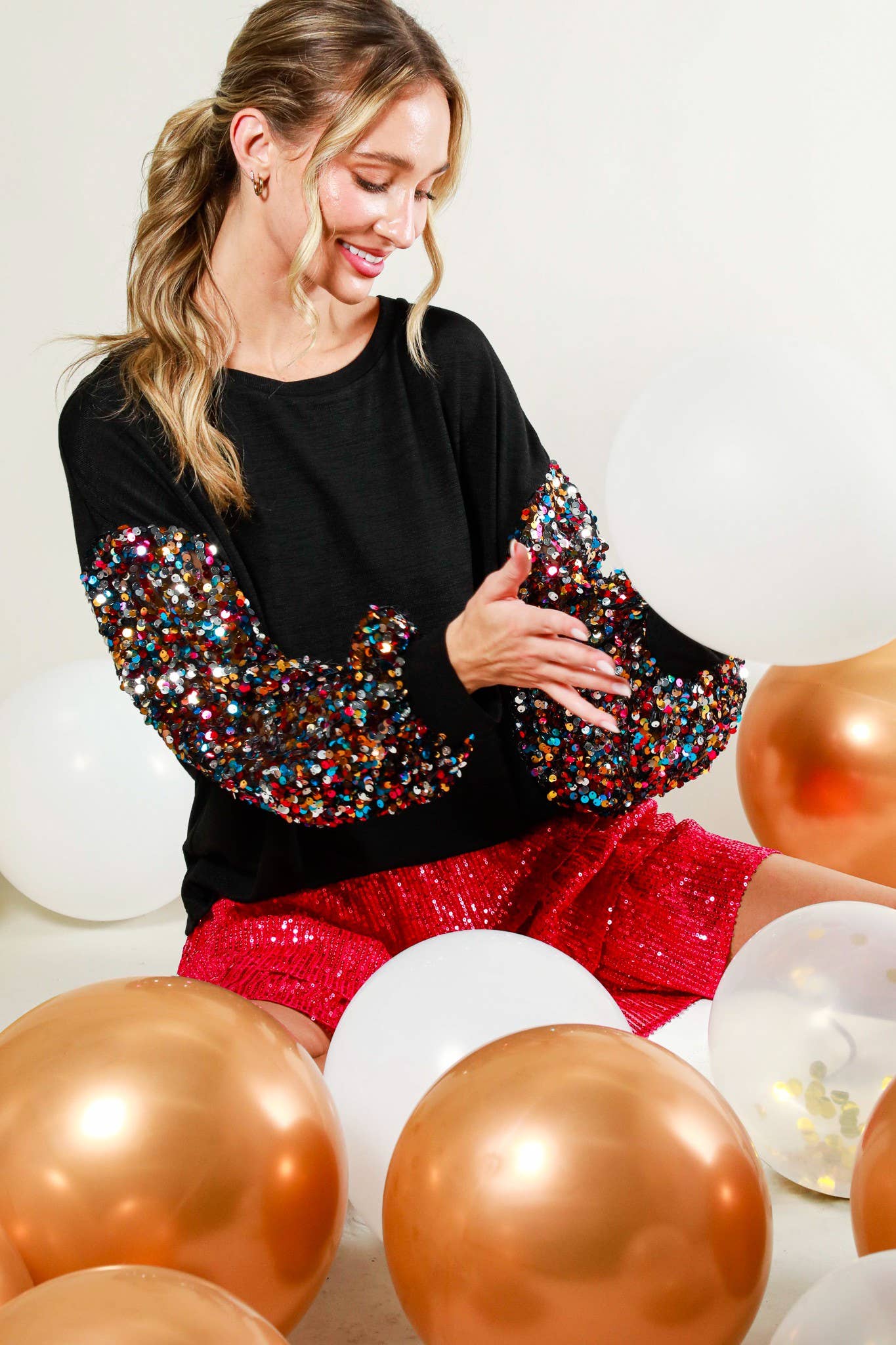 Sequin balloon sleeve soft knit top