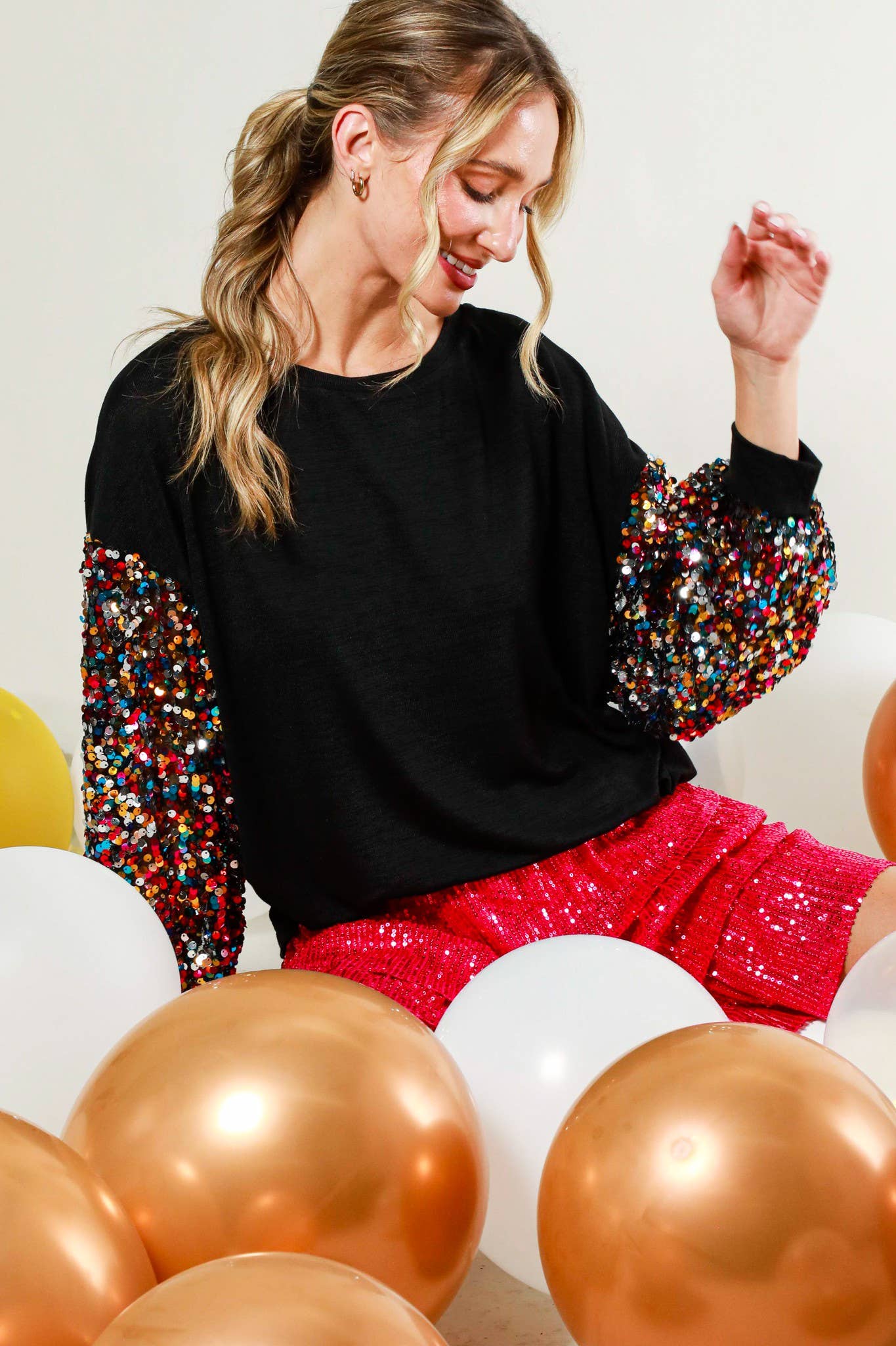 Sequin balloon sleeve soft knit top