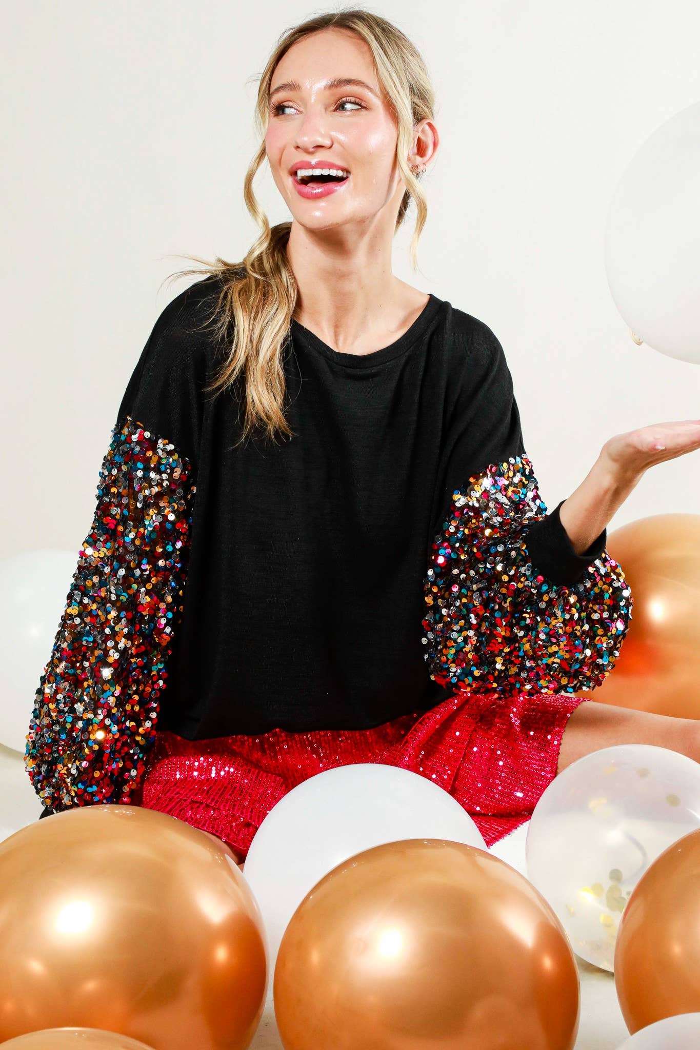 Sequin balloon sleeve soft knit top