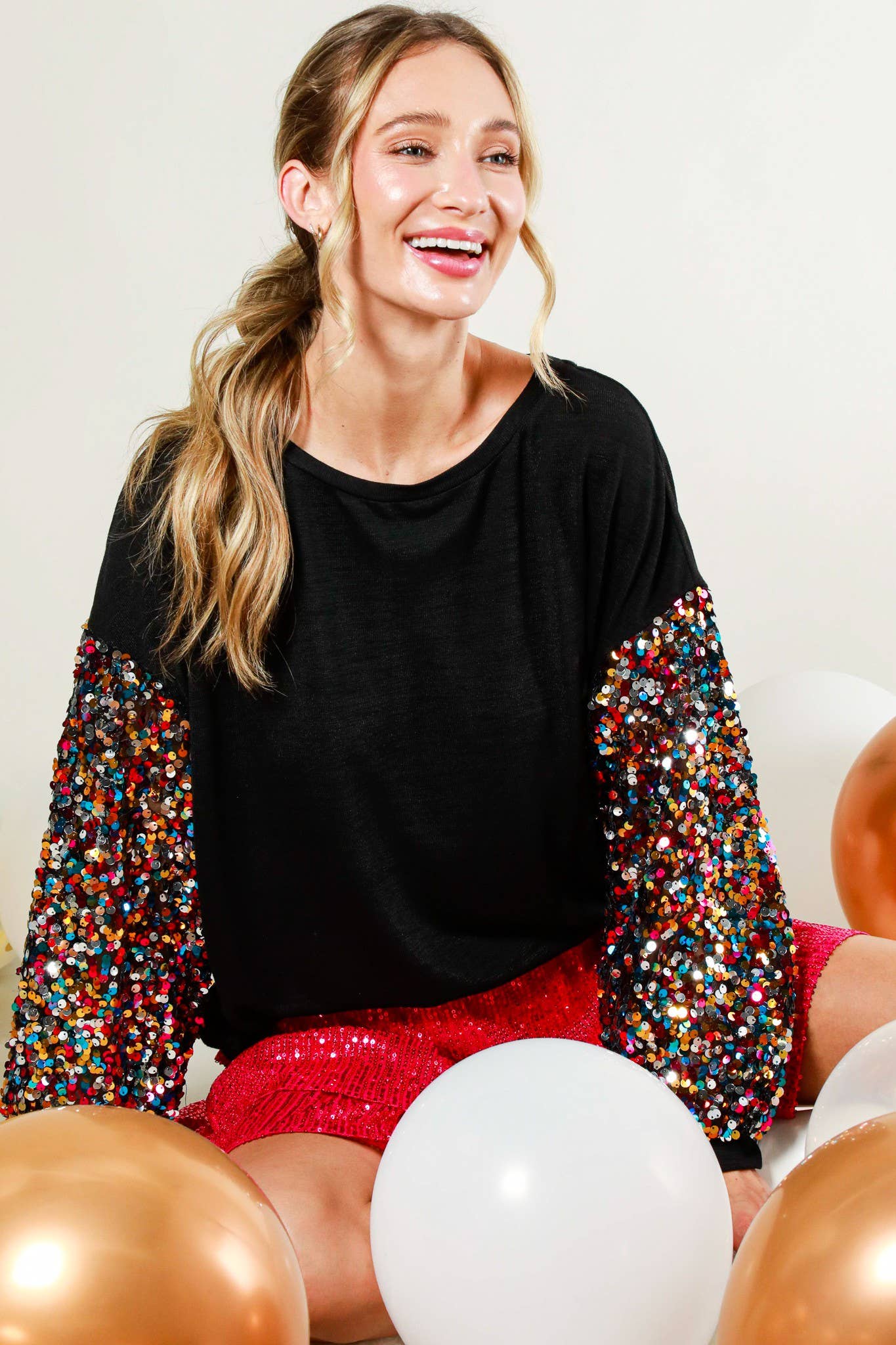 Sequin balloon sleeve soft knit top