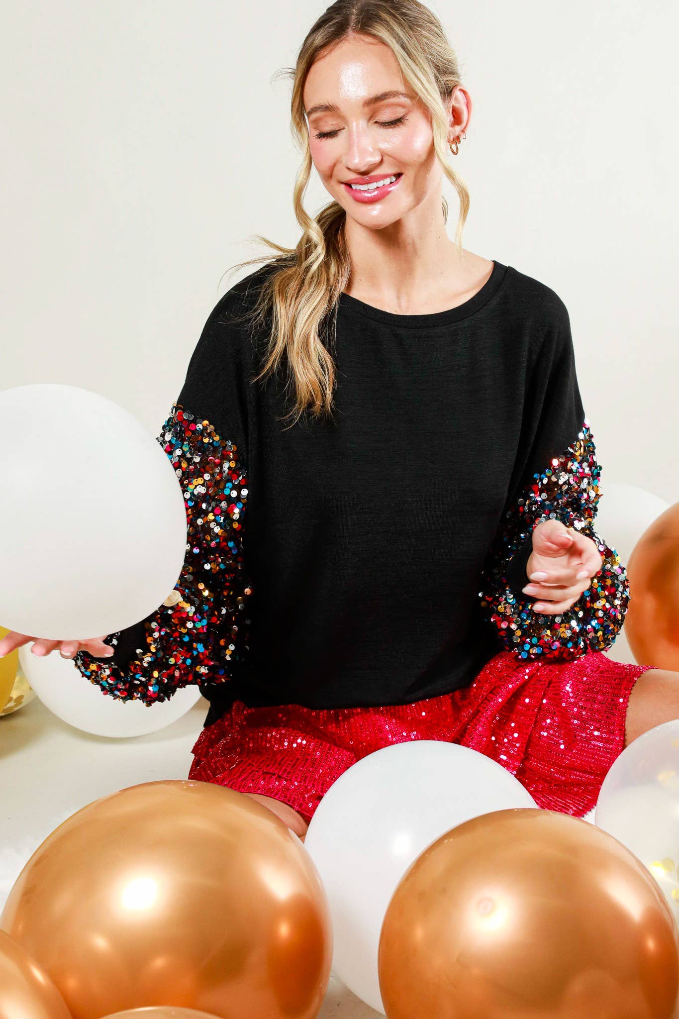 Sequin balloon sleeve soft knit top