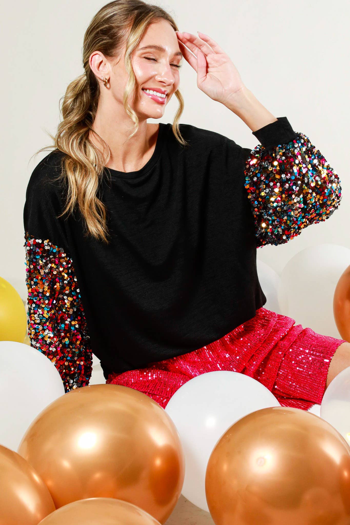 Sequin balloon sleeve soft knit top