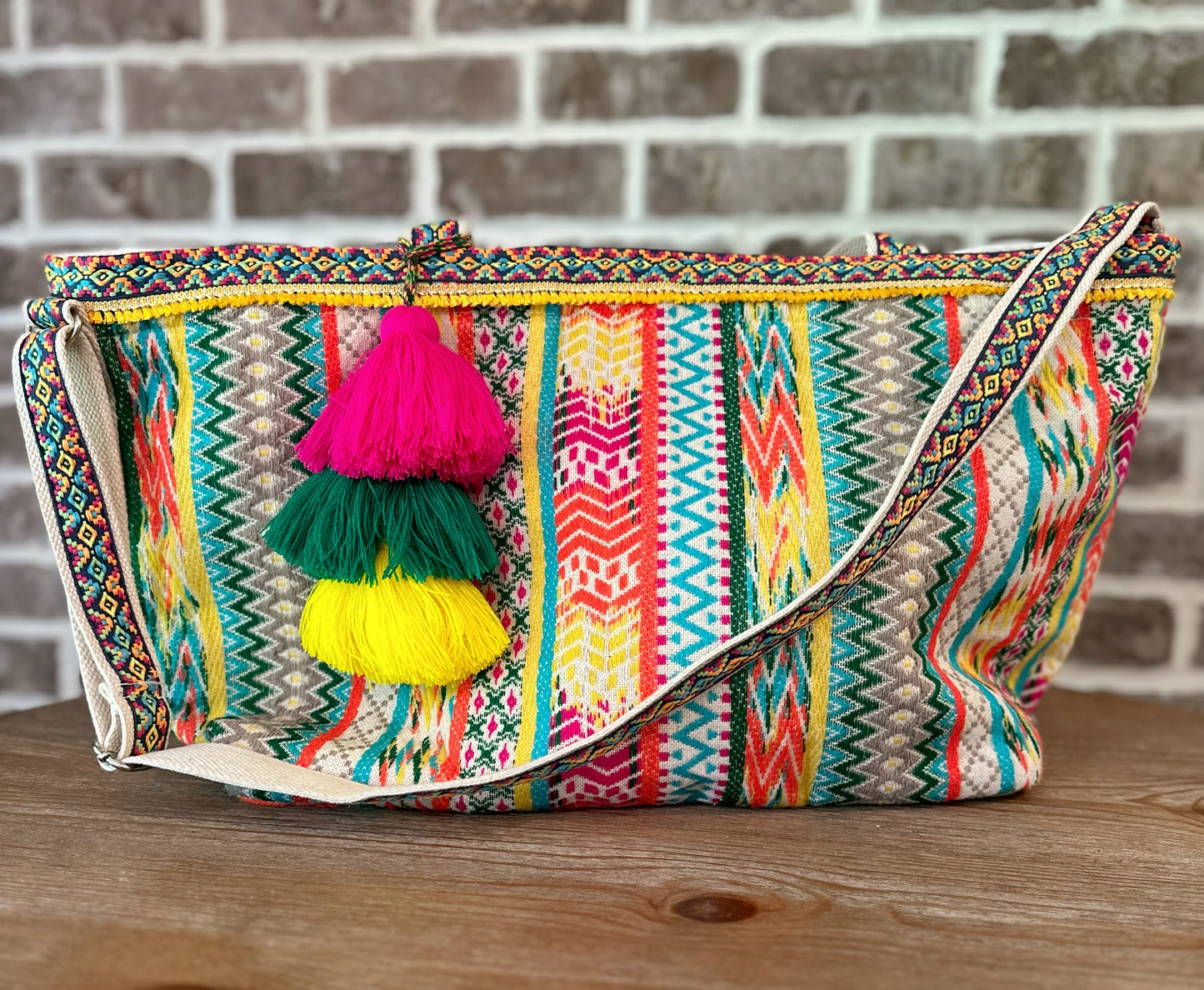 Large Bohemian Rainbow Weekender Bag with Layered Tassel