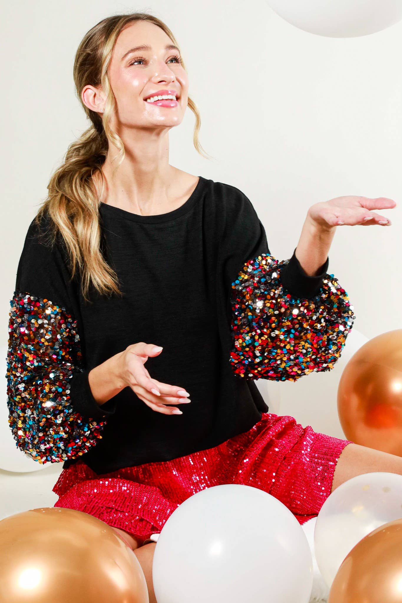 Sequin balloon sleeve soft knit top