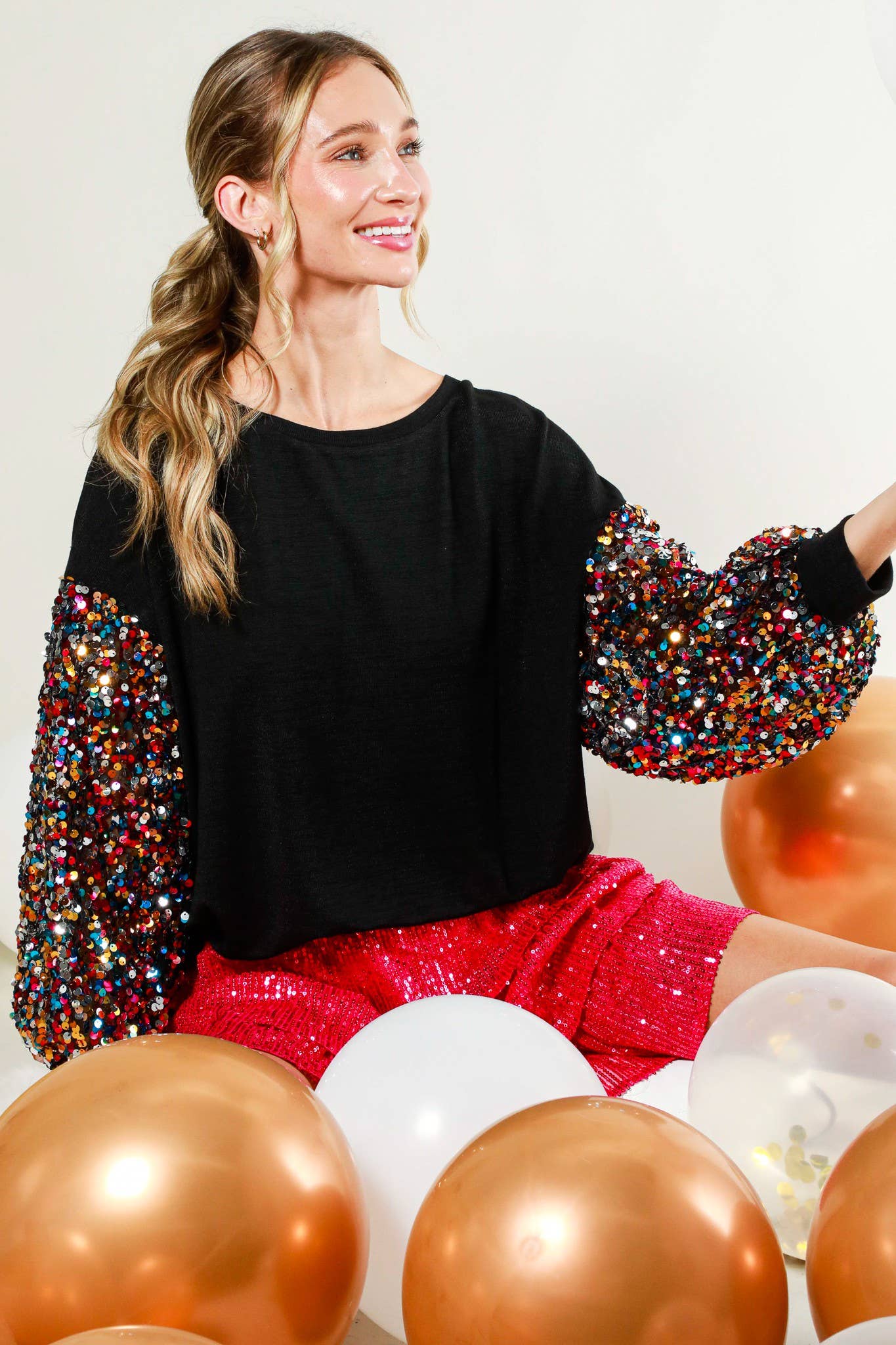 Sequin balloon sleeve soft knit top