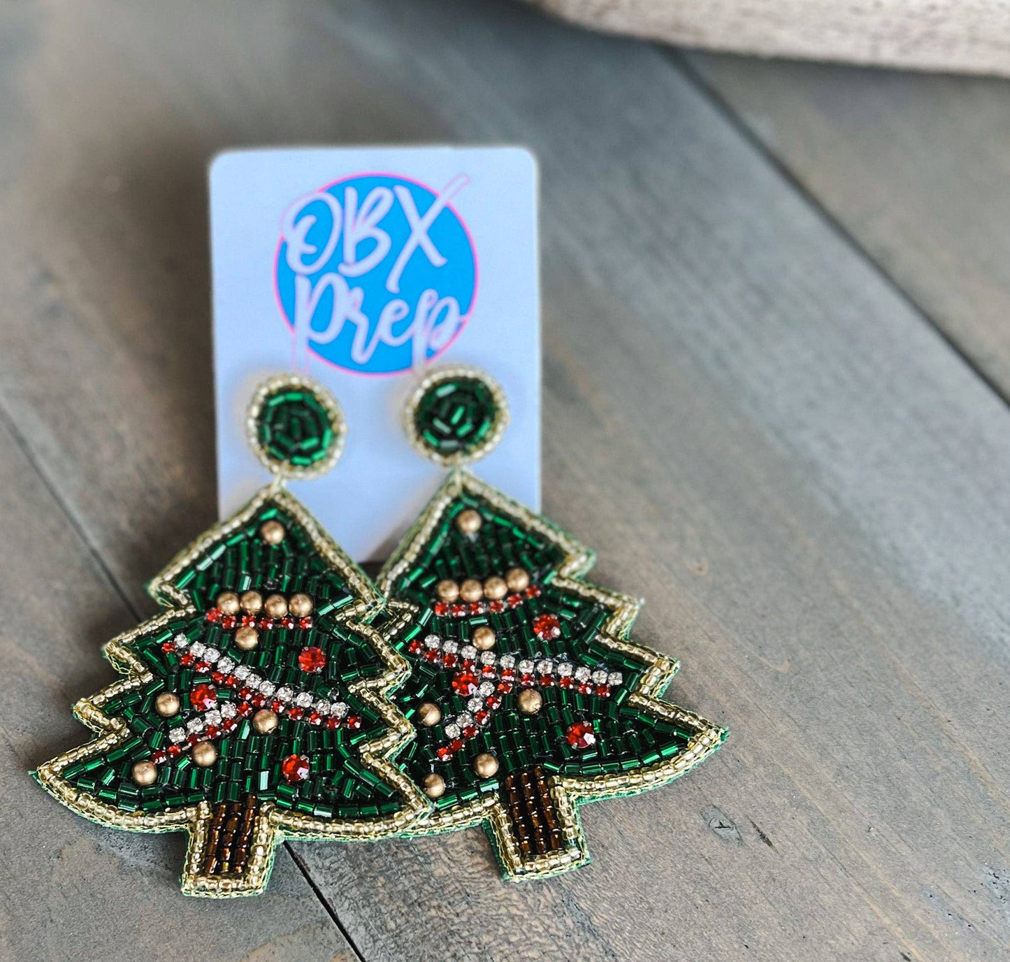 Red & Gold Seed Beaded Christmas Tree Earrings