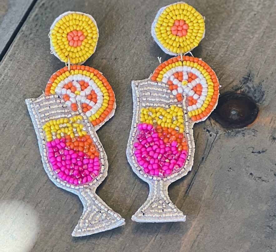 Sunrise Mimosa Cocktail Glass Seed Bead Dangle Earrings