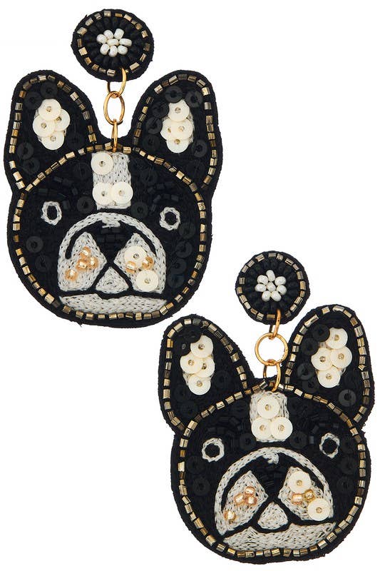 French Bulldog Frenchie Black Seed Bead Dangle Earrings