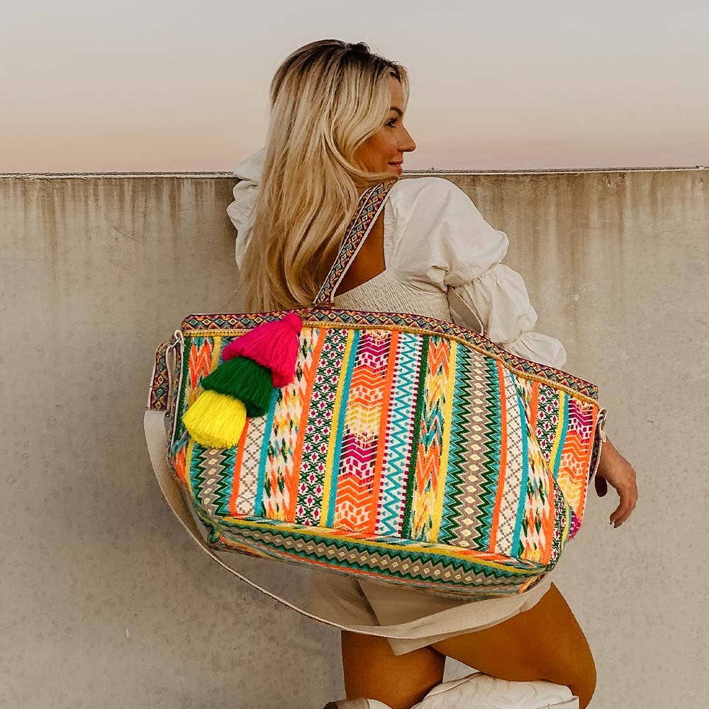 Large Bohemian Rainbow Weekender Bag with Layered Tassel