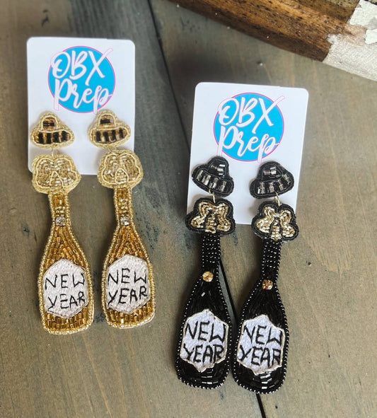 New Year Champagne Bottle Seed Beaded Earrings- Black