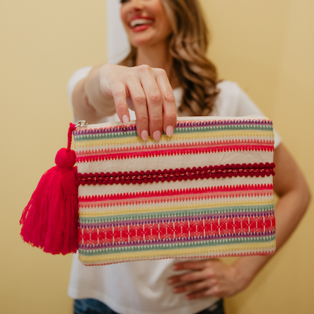 Striped Multicolored Pocket Book with Pink Tassel