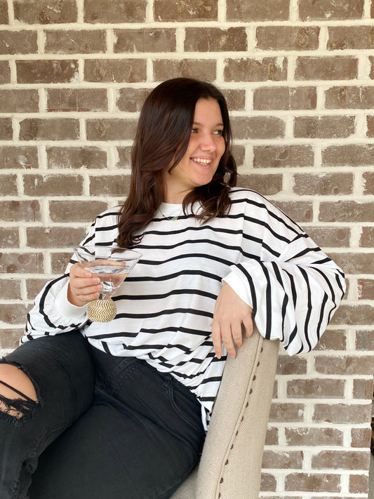 Oversized Stripe Top with Balloon Sleeve- Black and White