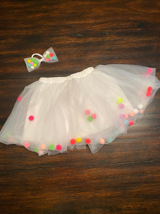 Pom Pom Tutu With Pom Pom Hair Tie - White