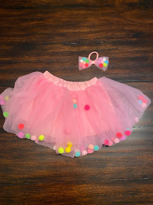 Pom Pom Tutu & Pom Pom Hair Tie- Pink